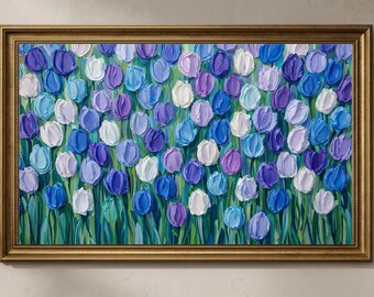 Textured Blue Tulips Impasto Painting, Samsung Frame TV Art (Digital Download)