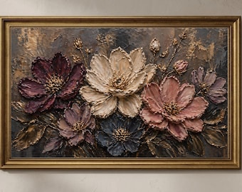 Samsung Frame TV Art Dark Floral, Moody Flower Wall Art 4K Digital Download, Impasto Oil Painting, Textured Gold Floral Decor