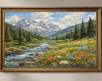 Mountain Landscape Frame TV Art 4K, Samsung Frame TV Art, Wildflower Meadow Wall Art, Textured Impasto Painting, Nature Art Download