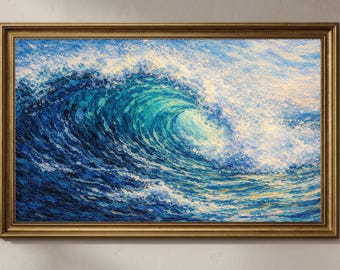 Samsung Frame TV Art Ocean Wave, Blue Coastal Wall Art 4K Digital Download, Impasto Oil Painting, Textured Beach Decor, Sea Art