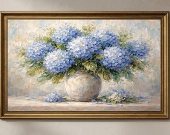 Blue Hydrangea Wall Art, Samsung Frame TV Art, Vintage Floral Painting, Cottagecore Decor, Textured Oil Painting, 4K Digital Download