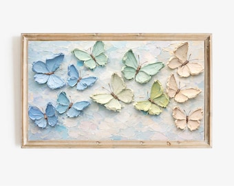 Samsung Frame TV Art Butterflies, Impasto Painting Wall Art, Textured Pastel Butterfly Art, 4K Digital Download