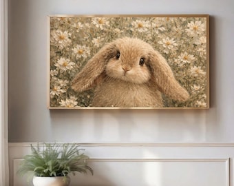 Samsung Frame TV Art Bunny, Vintage Floral Rabbit Painting, Cottagecore Bunny Art, 4K TV Frame Digital Download, Rustic Farmhouse Wall Art