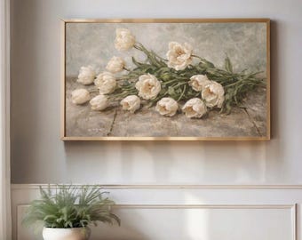 Samsung Frame TV Art White Tulips | Vintage Floral Painting Digital Download | Neutral Wall Art 4K