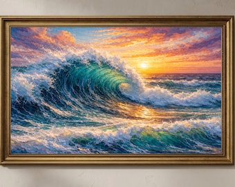 Ocean Wave Wall Art, 4K Frame TV Art, Coastal Digital Download, Sunset Ocean Painting, Samsung Frame TV Art, Beach Wall Decor