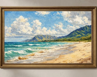 Samsung Frame TV Art Beach Painting, Coastal Landscape Wall Art, Ocean Waves Mountain Scene, Impasto Oil Painting Style, 4K Digital Download