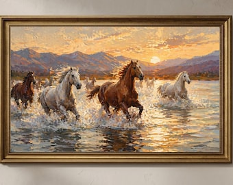 Running Horses Frame TV Art 4K, Samsung Frame TV Art, Sunset Horse Wall Art, Wild Horses Painting, Textured Impasto Art Download