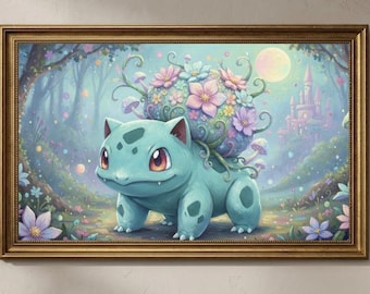 Pastel Bulbasaur Creature Painting, Whimsical Fantasy Nature Scene (Digital Download)