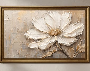Samsung Frame TV Art Neutral Flower, Beige Wall Art 4K Digital Download, Textured Impasto Painting, Luxury Minimalist Decor, Floral Art