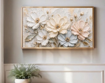 Samsung Frame TV Art White Floral, Neutral Flower Wall Art 4K Digital Download, Impasto Oil Painting, Textured Gold Floral Decor