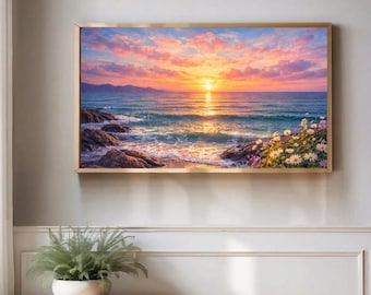 Frame TV Art Ocean Sunset, Coastal Landscape Painting, Beach Seascape Wall Art, Samsung Frame TV Art 4K Digital Download