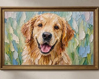 Golden Retriever Wall Art, Dog Oil Painting, Samsung Frame TV Art, Textured Pet Artwork, Impasto Style Dog Portrait, 4K Digital Download