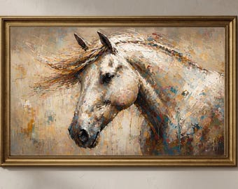 Horse Frame TV Art 4K, Samsung Frame TV Art, White Horse Painting, Textured Impasto Wall Art, Modern Animal Art Digital Download