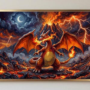 Puede incluir: Una impresión de arte mural rectangular enmarcada que presenta una criatura naranja similar a un dragón escupiendo fuego. El fondo muestra un paisaje volcánico con lava en erupción, nubes oscuras, relámpagos y una luna creciente en el cielo.
