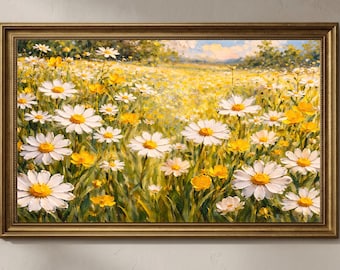 Samsung Frame TV Art Flowers Meadow, Yellow Daisy Field Painting, Impasto Floral Wall Art, 4K Digital Download, Textured Flower Landscape
