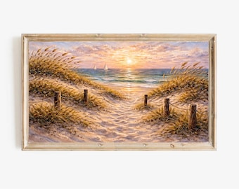 Samsung Frame TV Art Beach Sunset, Coastal Sand Dunes Painting, Ocean Landscape Digital Download, Neutral Wall Art 4K