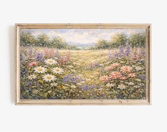 Wildflower Meadow Wall Art, Samsung Frame TV Art, Cottagecore Landscape Painting, Floral Field, 4K Digital Download