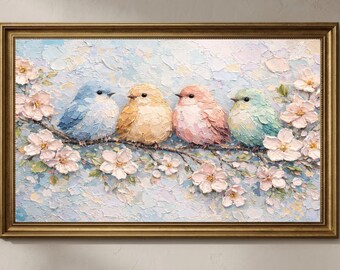 Samsung Frame TV Art Birds on Branch, Pastel Bird Wall Art, Nursery Wall Decor, Cottagecore Floral Painting, 4K Download