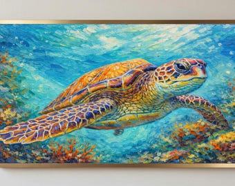 Samsung Frame TV Art Sea Turtle, Ocean Impasto Painting, Coastal Wall Art 4K Digital Download, Textured Oil Painting, Beach House Decor