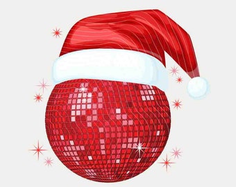 Bola de discoteca con gorro de Papá Noel, archivo PNG, bonito diseño navideño para camisetas, pegatinas, tazas, llaveros de motel, bolsos de mano, Navidad en julio PNG