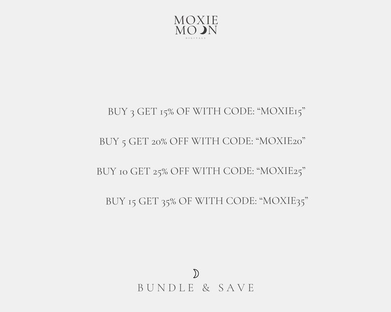 Puede incluir: Gr&aacute;fico de texto con las palabras "MOXIE MOON" y un s&iacute;mbolo de luna creciente. El texto debajo dice "COMPRA 3 LLEVA 15% DE DESCUENTO CON EL C&Oacute;DIGO: "MOXIE15""  "COMPRA 5 LLEVA 20% DE DESCUENTO CON EL C&Oacute;DIGO: "MOXIE20""  "COMPRA 10 LLEVA 25% DE DESCUENTO CON EL C&Oacute;DIGO: "MOXIE25""  "COMPRA 15 LLEVA 35% DE DESCUENTO CON EL C&Oacute;DIGO: "MOXIE35""  El texto en la parte inferior dice "D PAQUETE & AHORRA"
