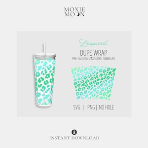 May include: A digital download of a leopard print design for a 24 ounce tumbler. The design is pre-sized and includes a SVG and PNG file. The design is green and blue with a white background.
