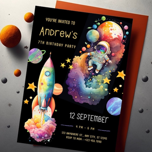 Space Boy Birthday Party Invitation, Editable Galaxy Party Invitation Template, Space Birthday, Astronaut Outer Space Instant Download