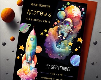 Space Boy Birthday Party Invitation, Editable Galaxy Party Invitation Template, Space Birthday, Astronaut Outer Space Instant Download