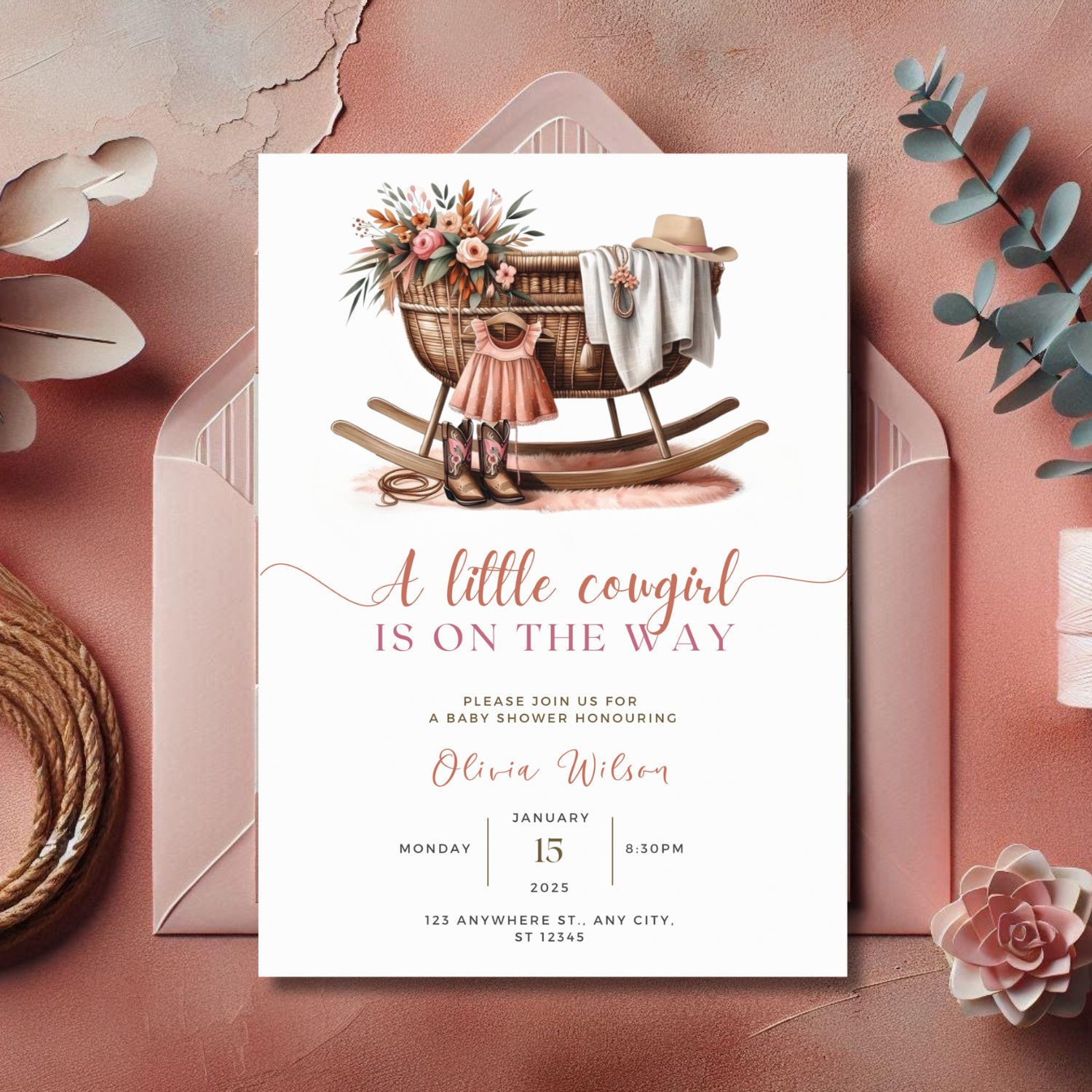 Editable Cowgirl Baby Shower Invitation, Rodeo Baby Shower Invite, A Little Cowgirl Is On The Way, Wild West Baby Shower, Pink