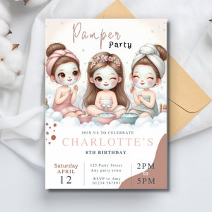 Pamper Party Birthday Invitation Template Printable, Spa Party Birthday Invitation, Editable spa party invitation