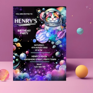 May include: A colorful space-themed birthday party invitation with a cat astronaut holding a planet. The invitation includes the text "YOU ARE INVITED TO HENRY'S BIRTHDAY PARTY", "SATURDAY, 4TH AUGUST 2023 AT 9 PM", "HENRY'S HOUSE ANYWHERE STREET, PARTY TOWN", and "RSVP: +123-456-789".
