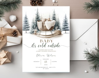Baby Its Cold Outside Baby Shower Invitation Winter Baby Shower Invitation Gender Neutral Watercolor Tree Editable Template Download Canva