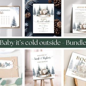 Baby Its Cold Outside Baby Shower Bundle Invitation Winter Baby Shower Gender Neutral Watercolor Tree Editable, Invite, Games and Signs