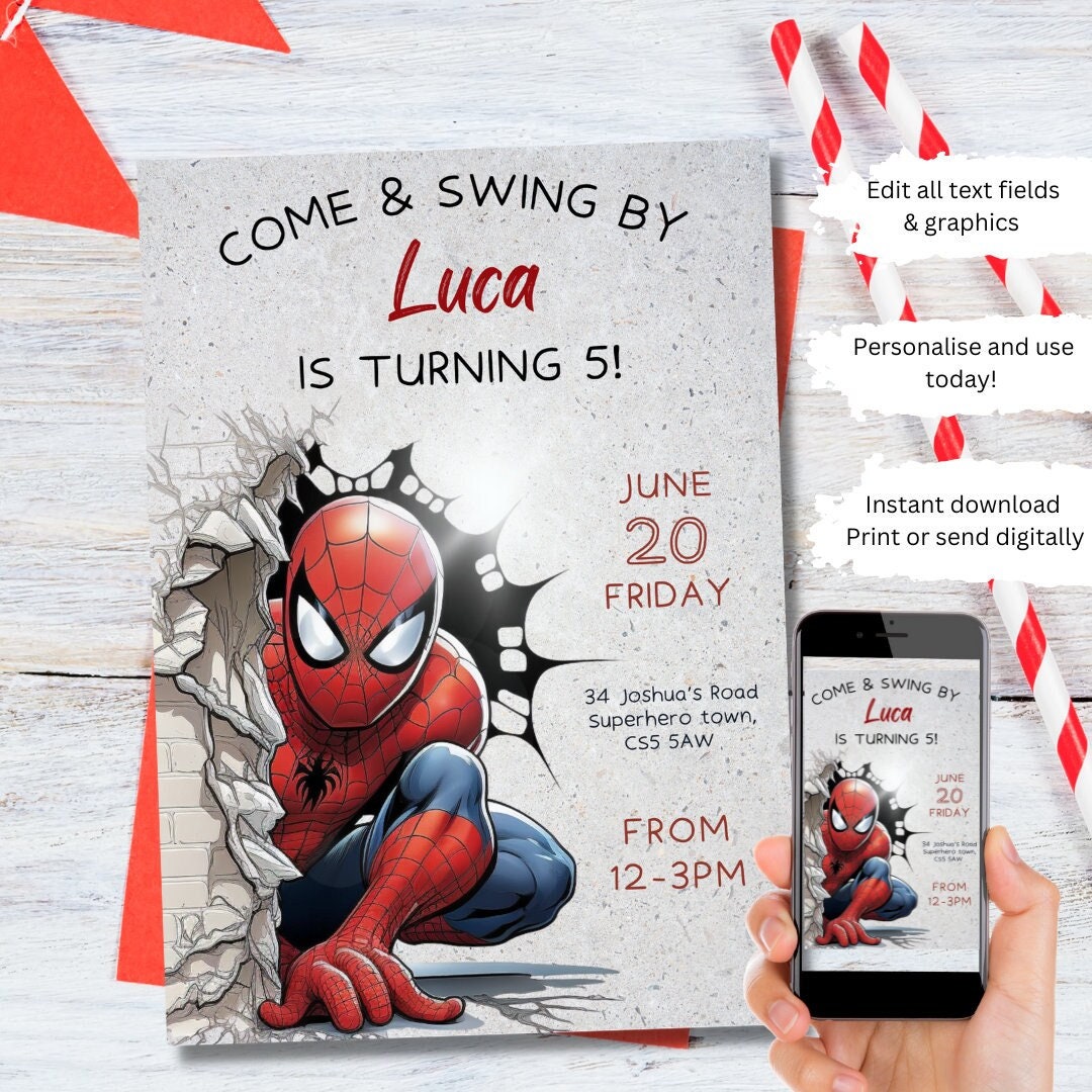 Spiderman Invitation Birthday Party Invitation Superhero, 48 OFF
