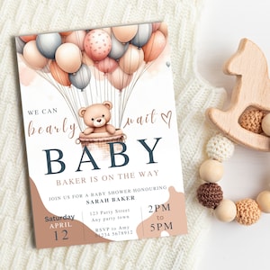 Editable Gender Neutral Bear Baby Shower Invitation, We Can Bearly Wait Baby Shower Invite, Brown Boho Bear Baby Shower, Neutral Bear Invite