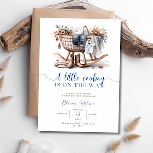 Invito modificabile per baby shower da cowboy, invito per baby shower da rodeo, un piccolo cowboy è in arrivo, baby shower del selvaggio West, marrone blu