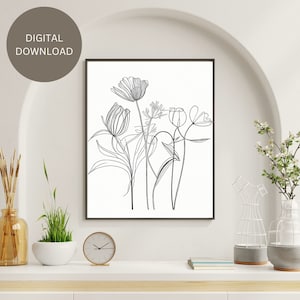 Fine Line Flower Print, flower line art, Black and White Art, Printable Art, Gallery Wall Art, Minimal, One Line drawing, Livingroom art