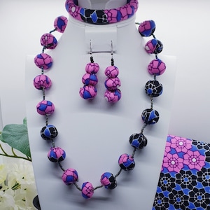 African Beaded Necklace\ Ankara Print Necklace\ Stylish Beaded Necklace Set With Earrings And Bangle\ African Jewelry Set\ Rare Gift For Her