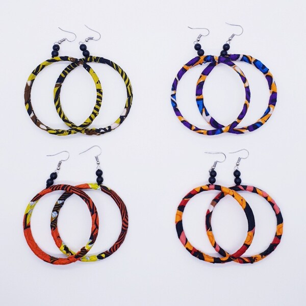 Boucles d'oreilles créoles Ankara\ Boucles d'oreilles créoles en tissu africain\ Boucles d'oreilles créoles jaunes, rouges, bleues\ Boucles d'oreilles africaines déclaration\ Boucles d'oreilles vibrantes Ankara