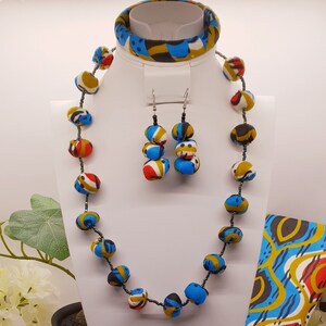 African Beaded Necklace\ Ankara Print Necklace\ Stylish Beaded Necklace Set With Earrings And Bangle\ African Jewelry Set\ Rare Gift For Her