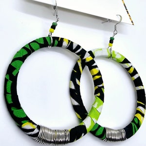 Ankara Hoop Earrings\ African Fabric Hoop Earrings\ Green And Black Hoop Earrings\ Statement African Earrings\ Vibrant  Earrings