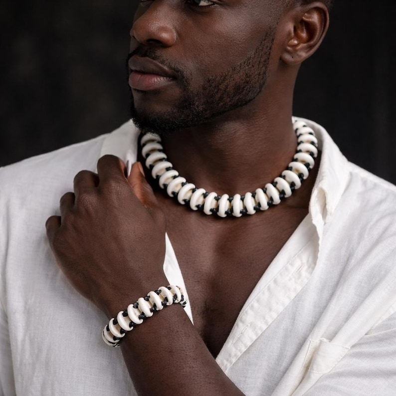 Cowrie Shell Necklace & Bracelet Set | Handmade African Boho Jewelry | Natural Shell Tribal Jewelry Gift | Unisex Beach, Festival Accessory image 2
