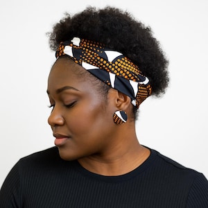 Ankara Brown And Black wide Turban Headband With Earrings\ African Elastic Twist Headband\ Wide Stretchy Cotton Headband\ Wax Print Headwear