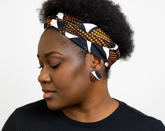 Ankara Brown And Black wide Turban Headband With Earrings\ African Elastic Twist Headband\ Wide Stretchy Cotton Headband\ Wax Print Headwear