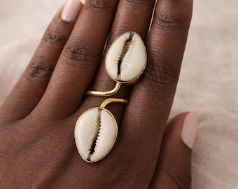 Double Cowrie Shell Adjustable Brass Ring | African Statement Jewelry