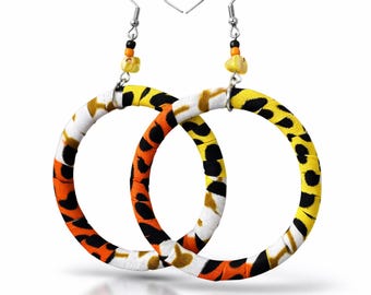 Ankara Hoop Earrings\ African Fabric Hoop Earrings\ Orange, Yellow, White Hoop Earrings\ Statement African Earrings\ Vibrant  Earrings
