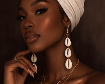 African Cowrie Shell Drop Earrings | Handmade Boho Beach Jewelry | Long Shell Dangle Earrings | Tribal Statement Earrings for Women
