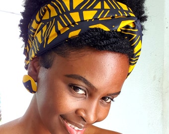 Ankara Black And Gold wide Turban Headband With Earrings\ African Elastic Twist Headband\ Wide Stretchy Cotton Headband\ Wax Print Headwear