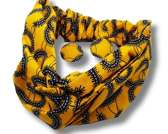 Ankara Yellow And Black wide Turban Headband With Earrings\ African Elastic Twist Headband\ Stretchy Cotton Headband\ Wax Print Headwear
