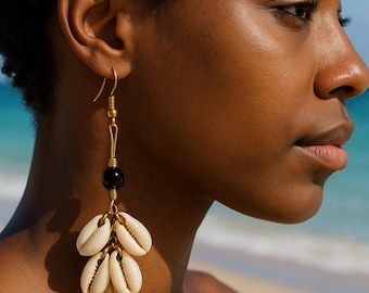 Cowrie Shell Dangle Earrings | Boho Beach Jewelry, Gold Wire